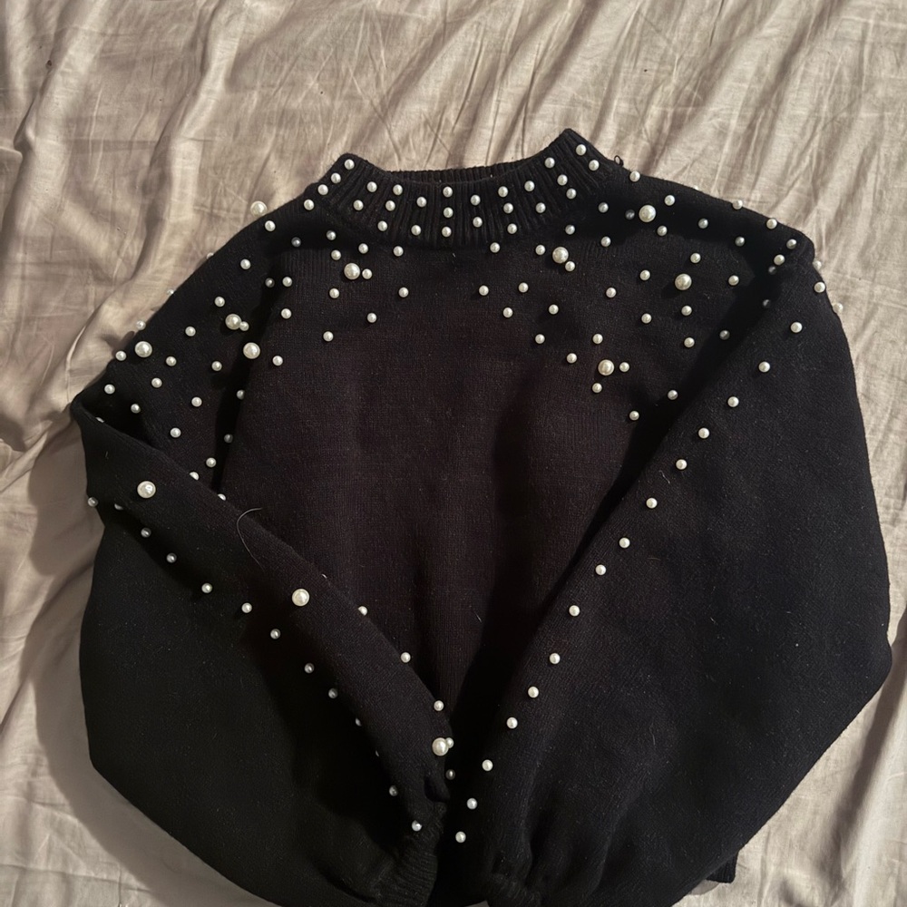 POL Black Sweater with Pearl Embellishments